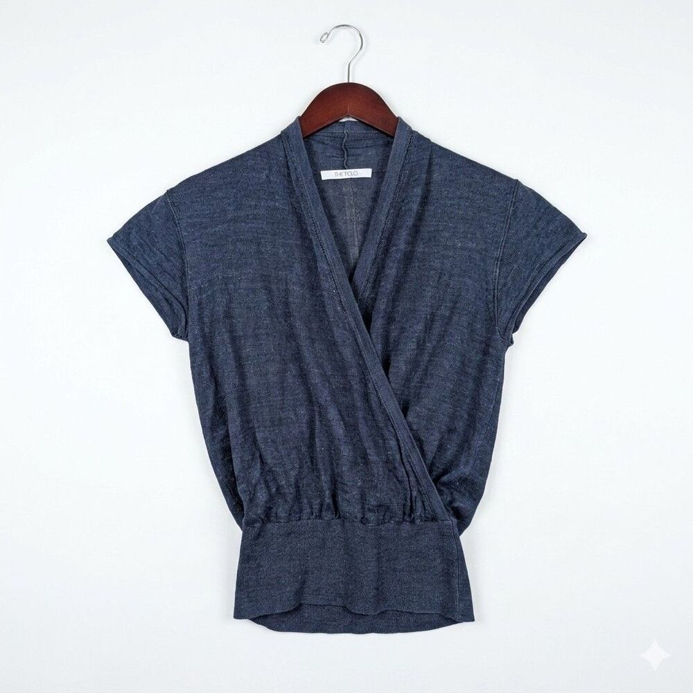 The Fold London 100% Linen Navy Blue Short Sleeve Crossover V-Neck Top